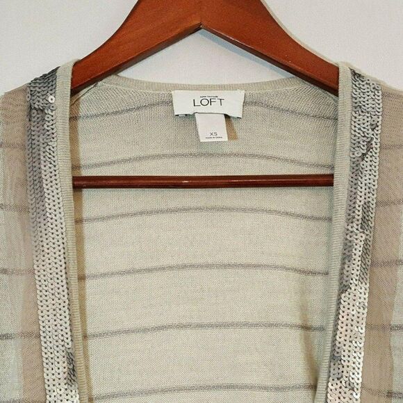 Loft Ann Taylor Open Cardigan Sweater Sz XS Lightwt Gray Silver Stripe Sequins - Picture 3 of 4